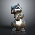 Standing Raccoon Sculpture With Metallic Finish And Detailed Fur Texture On Dark Background