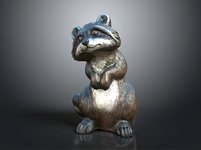 Standing Raccoon Sculpture With Metallic Finish And Detailed Fur Texture On Dark Background 3d model