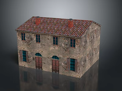 Old Building Model With Red Tiled Roof Weathered Brick Walls Red Doors And Arched Windows 3d model