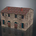 Old Building Model With Red Tiled Roof Weathered Brick Walls Red Doors And Arched Windows
