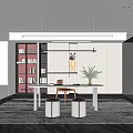 Modern Home Office Interior With Desk Laptop Potted Plant Bookshelf And Red Stools