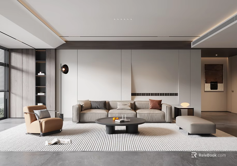 Modern Living Room Interior Design With Sofa Armchair Coffee Table And Patterned Rug 3d model 
