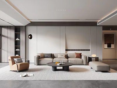 Modern Living Room Interior Design With Sofa Armchair Coffee Table And Patterned Rug 3d model
