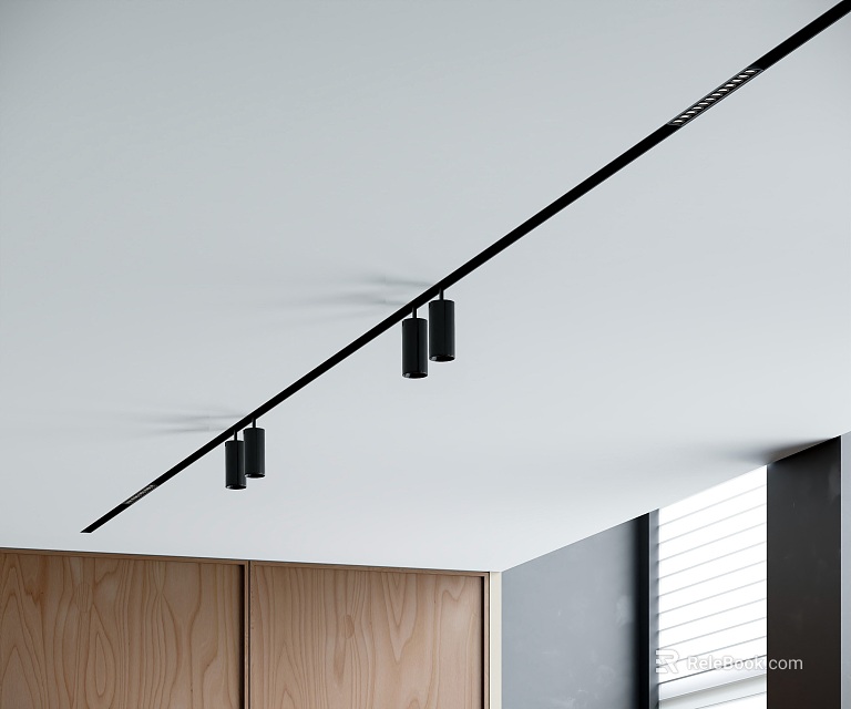 Modern Black Track Downlights Spotlights Installed On White Ceiling With Wooden Cabinets And Window 3d model 