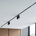 Modern Black Track Downlights Spotlights Installed On White Ceiling With Wooden Cabinets And Window