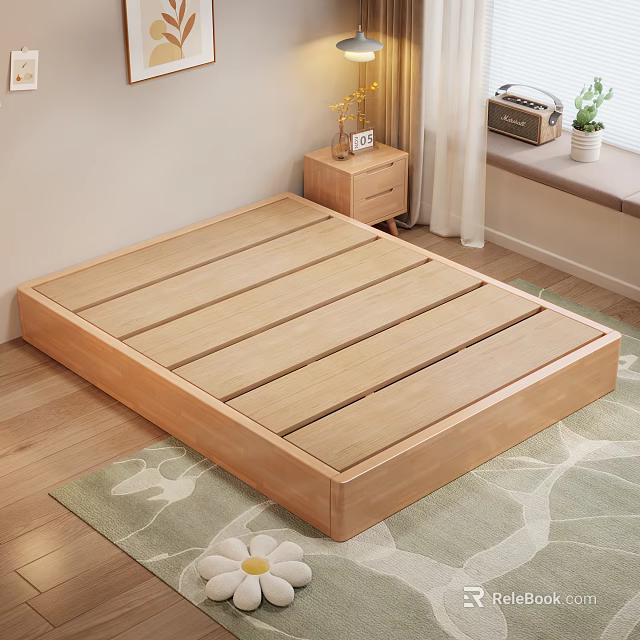 Minimalist Bedroom Interior With Wooden Platform Bed Frame Nightstand And Green Rug 3d model 