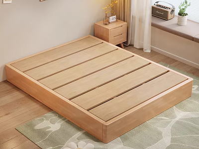 Minimalist Bedroom Interior With Wooden Platform Bed Frame Nightstand And Green Rug 3d model