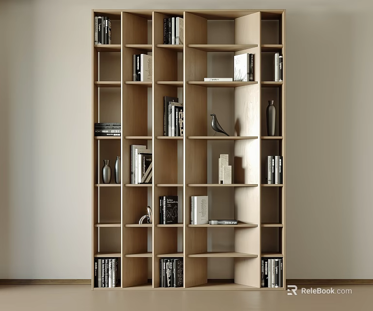 Modern Wooden Decorative Cabinet With Open Shelves Featuring Books Vases And Decorative Bird Figurine 3d model 