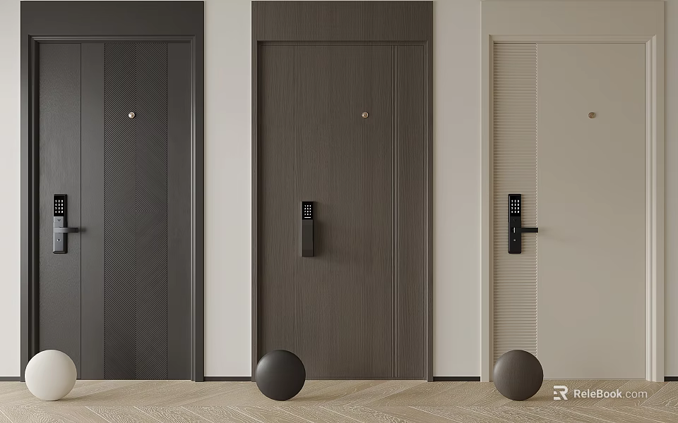Modern Security Doors With Textured Wood Grain Designs Digital Locks And Various Neutral Finishes 3d model 