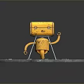 Vintage Yellow Robot With Suitcase Head Metal Body Mechanical Arms Legs On Gray Square Tiles