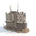 Futuristic Fortress Tower Structure With Antenna Flags Circular Base And Rough Texture 3d model