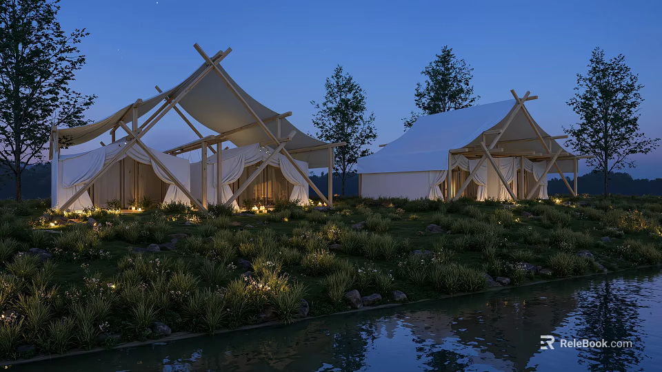 White Tents by Waterfront at Night With Greenery Fairy Lights Trees and Water Reflection 3d model 