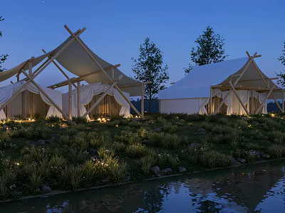 White Tents by Waterfront at Night With Greenery Fairy Lights Trees and Water Reflection 3d model
