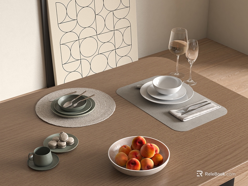Elegant Tableware Set With Plates Cups Cutlery Placemats And Fruit Bowl On Wooden Table 3d model 