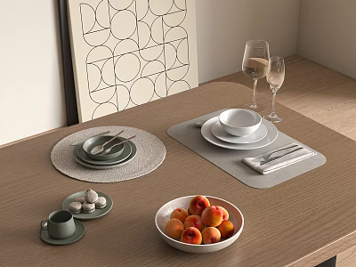 Elegant Tableware Set With Plates Cups Cutlery Placemats And Fruit Bowl On Wooden Table 3d model