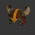 3D Rendered Fantasy Horned Helmet With Orange Red Design And Metal Details