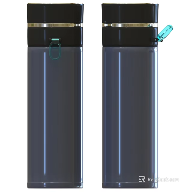 Two Dark Gray Insulated Cups With Black Lids And Green Flip Handles 3d model 