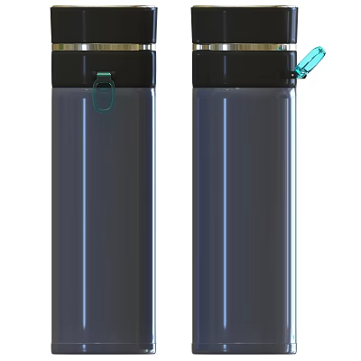 Two Dark Gray Insulated Cups With Black Lids And Green Flip Handles 3d model