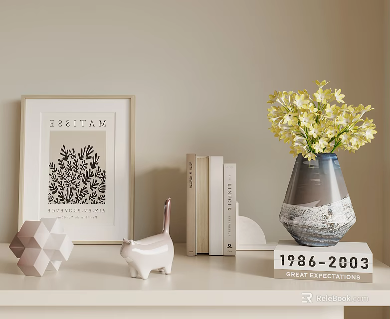 Stylish Decorative Ornament Combination With Framed Art Books Vase And Cat Figurine 3d model 