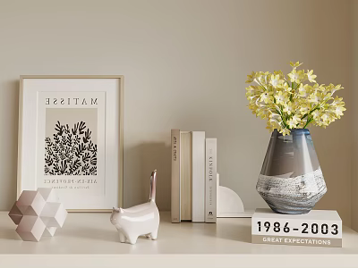 Stylish Decorative Ornament Combination With Framed Art Books Vase And Cat Figurine 3d model