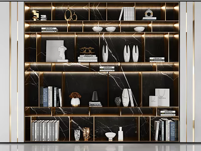 Modern Bookcase With Marble Finish Gold Accents And Multi Tiered Shelves Holding Books Decorative Items 3d model