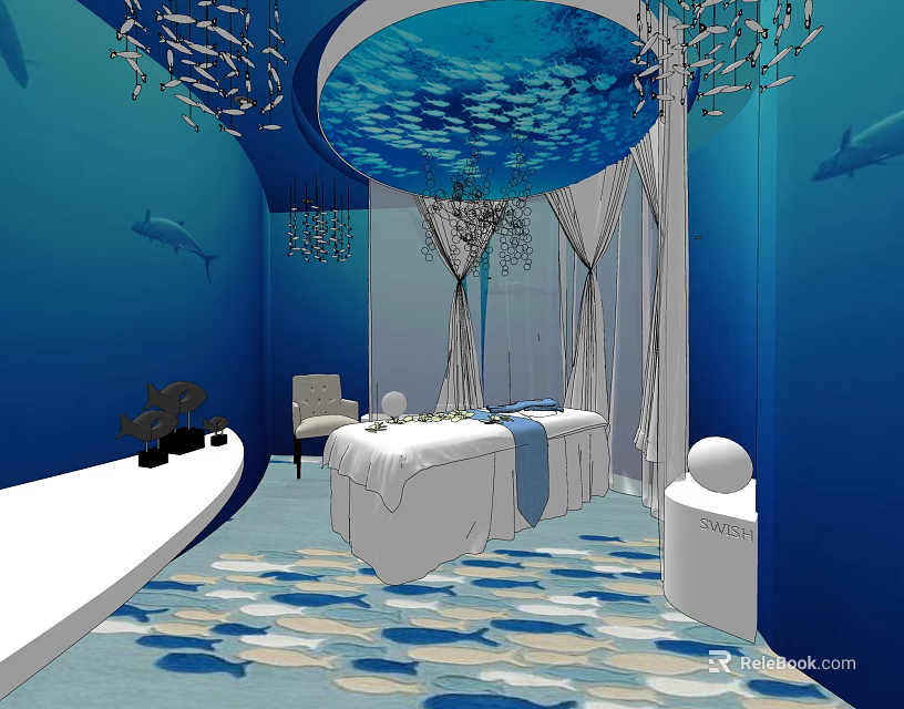 Luxury Blue Underwater Theme Spa Interior With Massage Bed Dolphin Decor And Chandelier 3d model 