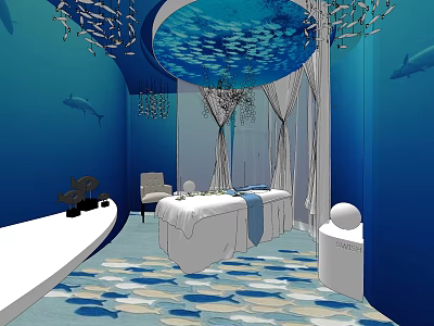 Luxury Blue Underwater Theme Spa Interior With Massage Bed Dolphin Decor And Chandelier 3d model