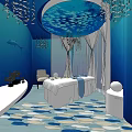 Luxury Blue Underwater Theme Spa Interior With Massage Bed Dolphin Decor And Chandelier