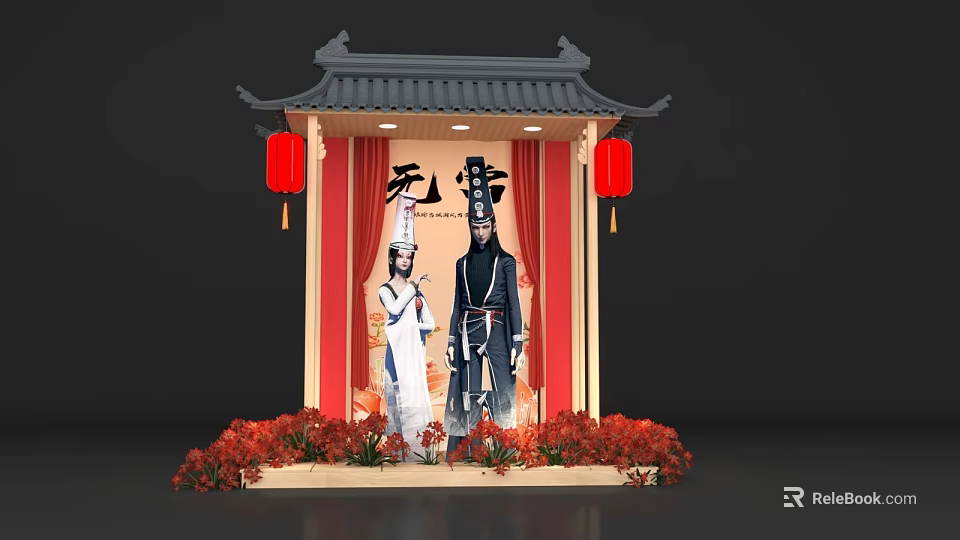 Chinese Style Lantern Festival Photo Spot With Red Lanterns Traditional Costume Figures And Flower Decorations 3d model 