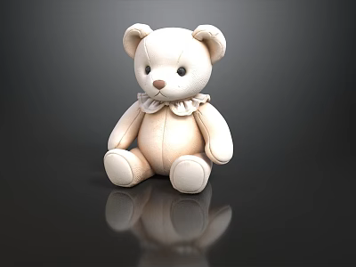 White Plush Teddy Bear Doll With Collar On Black Background And Reflection 3d model