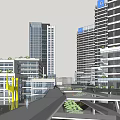 Modern High Rise Building Complex With Green Roofs And Connected Roads 3d model