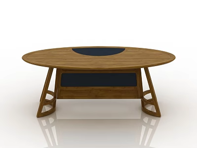 Round Wooden Tea Table With Black Center Panel And Modern Crossed Legs Design 3d model