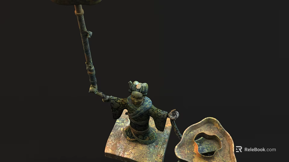 Historical Ancient Bronze Statue Figure Holding Long Pole With Decorative Vessel 3d model 