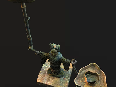 Historical Ancient Bronze Statue Figure Holding Long Pole With Decorative Vessel 3d model