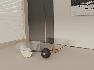 Modern Transparent Glass Coffee Table With Decorative Marble Block Black Sphere And Wall Art 3d model
