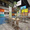 Korean Restaurant Interior With Wooden Tables Chairs Green Pendant Lights Blue Tiled Walls And Posters