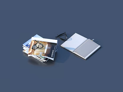 Stack of Books Magazines with Glasses Open Notebook and Pen on Blue Background 3d model
