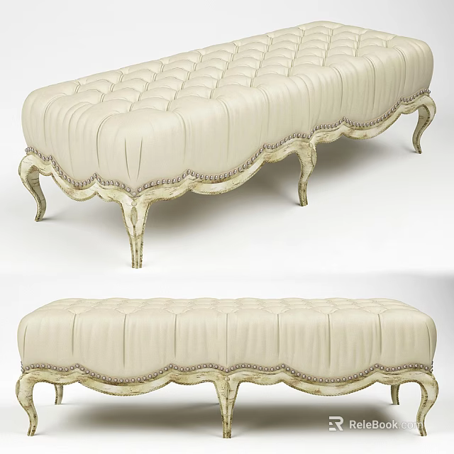 Elegant Cream Tufted Sofa Bench With Ornate Carved Legs And Decorative Trim 3d model 