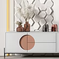 Modern White TV Stand With Circular Drawers Hexagonal Wall Artworks And Decorative Items