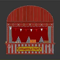 Red Kiosk With Arched Roof Decorative Patterns White Bunting Flags And Counter