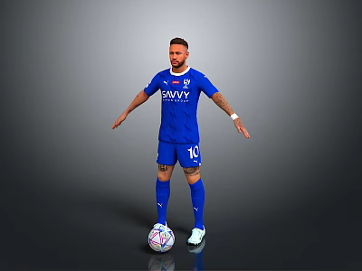 Football Player in Blue BAVVY Jersey Number 10 Stands with Football Against Gray Background 3d model