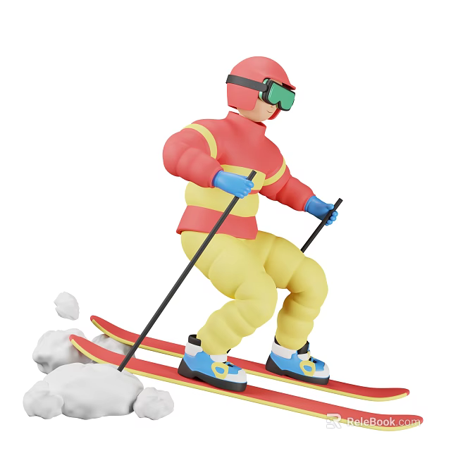 Game Movie Character In Red Jacket Yellow Pants Skiing With Goggles Helmet Skis 3d model 