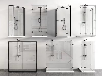 Various Modern Shower Head Designs With Transparent Glass Enclosures And Fixtures 3d model