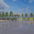 Modern Parking Lot With Electric Cars Charging Stations Canopy Trees And Blue Sky
