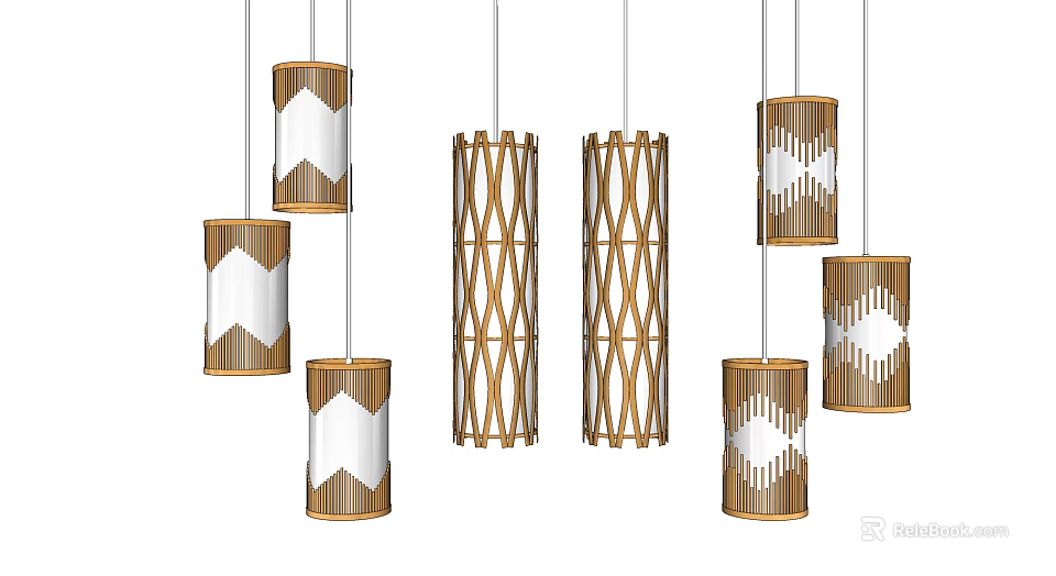 Modern Stylish Pendant Lights With Geometric Patterns And Woven Wooden Frames 3d model