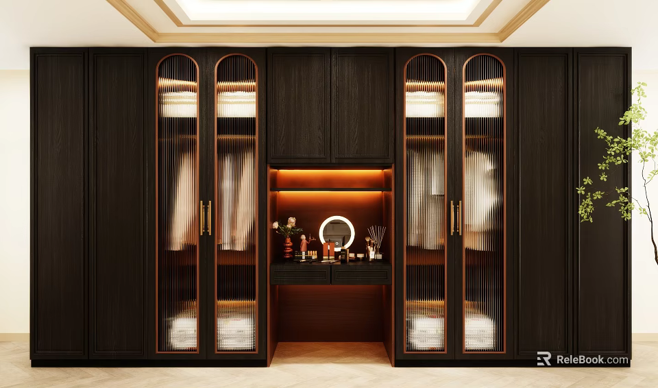 Dark Wood Wardrobe Interior With Glass Doors Built in Mirror And LED Lighting 3d model 