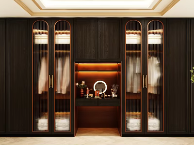 Dark Wood Wardrobe Interior With Glass Doors Built in Mirror And LED Lighting 3d model