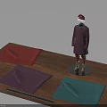 Mannequin Wearing Purple Coat Red Pants Brown Boots Red Christmas Hat With Fabrics On Table