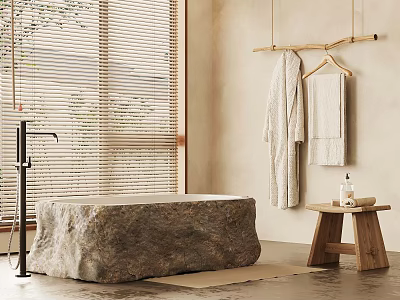 Minimalist Bathroom Interior With Stone Bathtub Wooden Stool Hanging Towels And Window Blinds 3d model