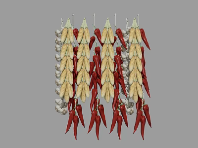 Natural Dried Hanging Corn and Red Chili Peppers as Vegetable Decorations 3d model